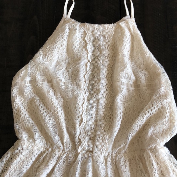 NEW LUSH Halter Lace Overlay Fit & Flare Skater Cream Vanilla Beige Mini L Dress - Picture 9 of 12
